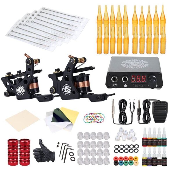 Dragonhawk Complete Tattoo Kit 2 Machine Gun 10 Color Inks Power Supply