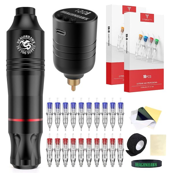Tattoo Kit | Dragonhawk Rotary Pen Tattoo Machine Starter Bundle