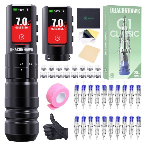 Tattoo Kit | Dragonhawk A3 Pro Tattoo Machine Pen 2.0mm-4.2mm Strokes Starter Bundle