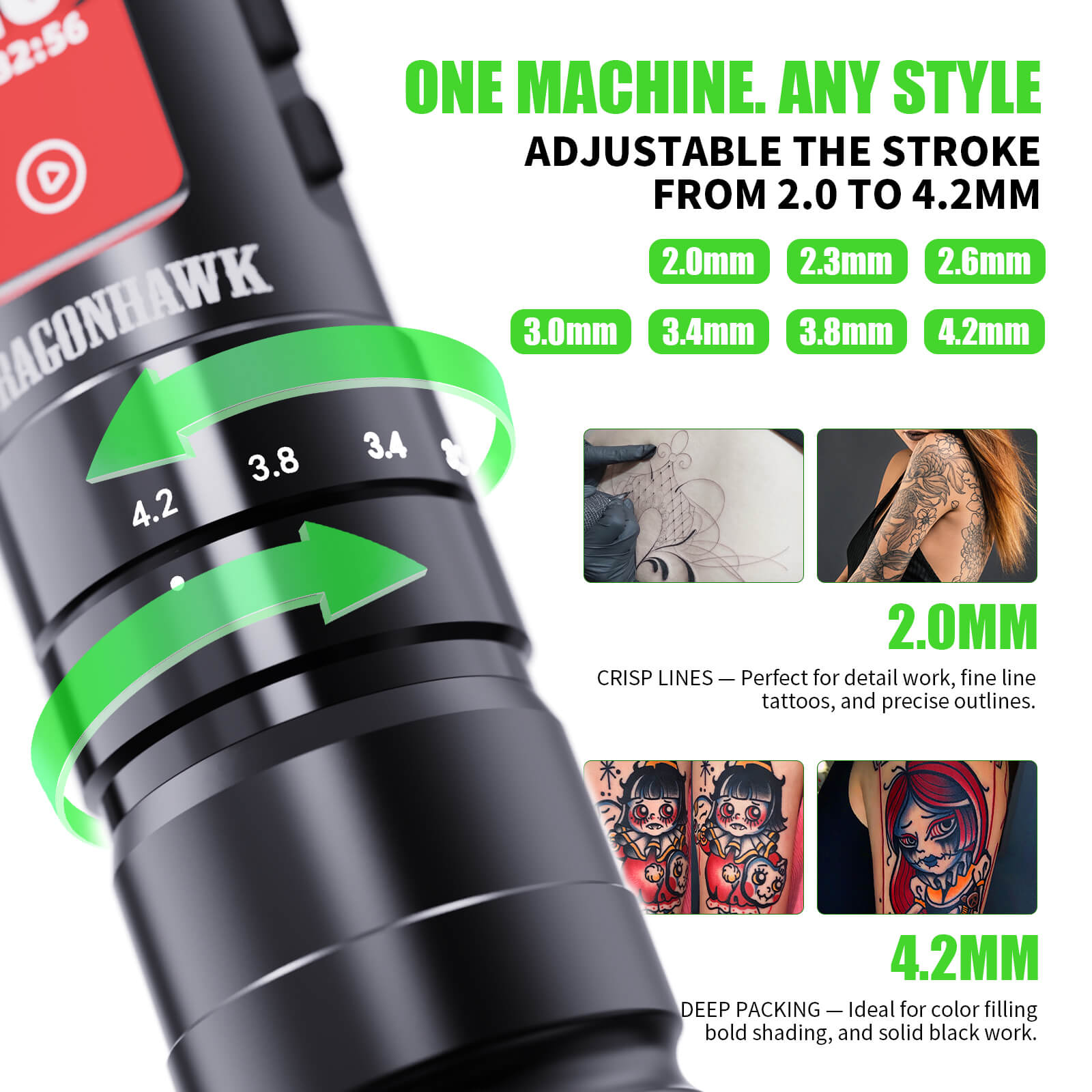 Tattoo-Set | Dragonhawk A3 Pro Tattoo-Maschinen-Stift mit einstellbarem Hub von 2,0 mm–4,2 mm Einsteiger-Set – Bild 2