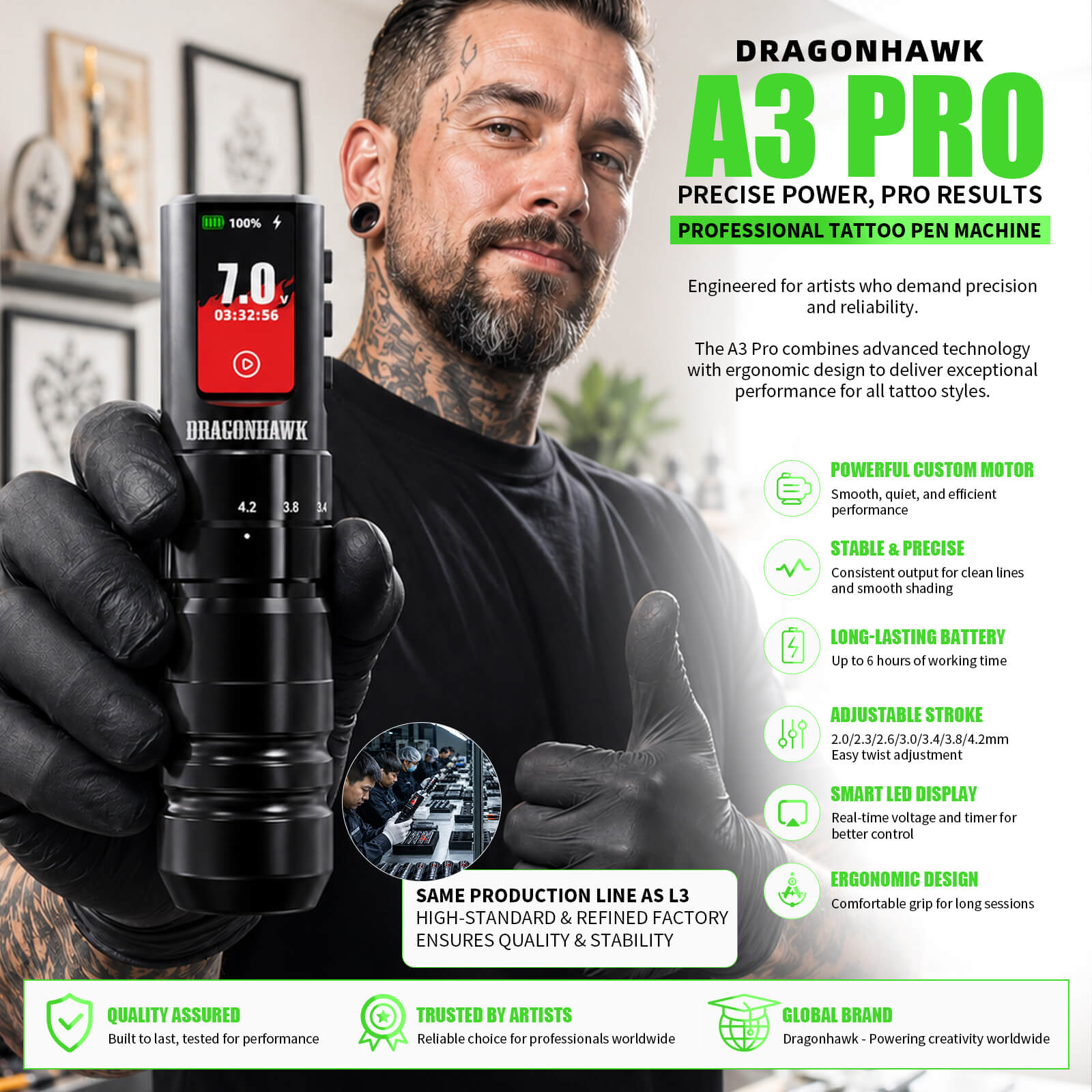 Tattoo-Set | Dragonhawk A3 Pro Tattoo-Maschinen-Stift mit einstellbarem Hub von 2,0 mm–4,2 mm Einsteiger-Set – Bild 7
