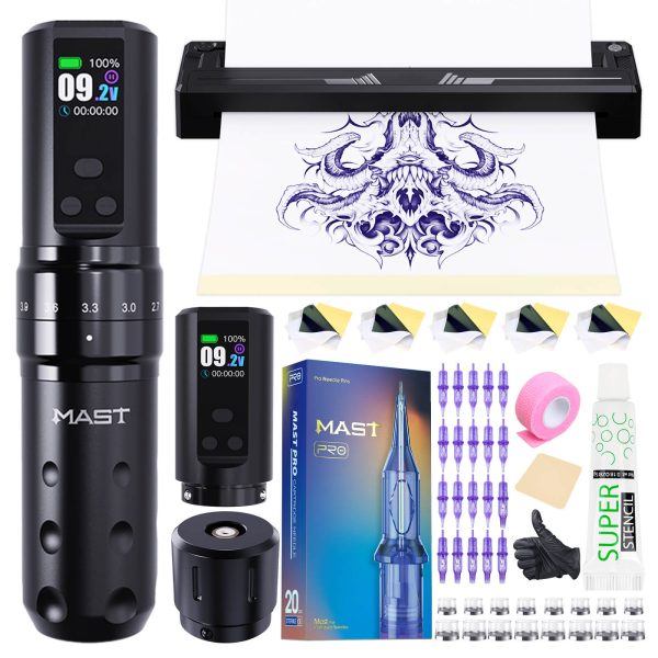 Tattoo Kit | Mast Fold 2 Pro Wireless Tattoo Machine & A4 Stencil Printer Bundle (2 Batteries)