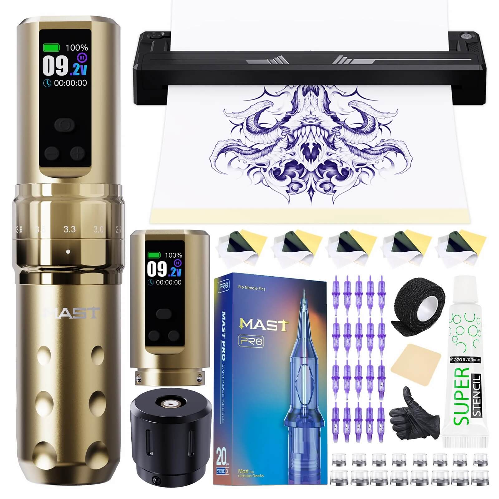 Tattoo Kit | Mast Fold 2 Pro Wireless Tattoo Machine & A4 Stencil