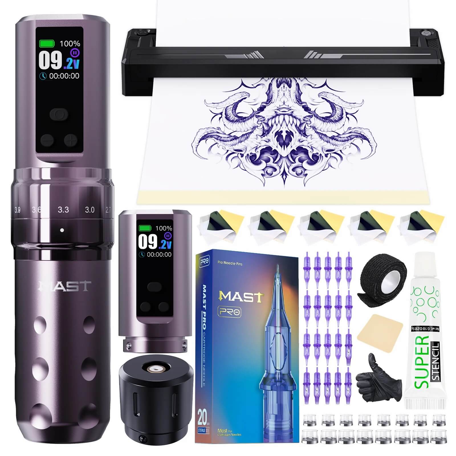 Tattoo Kit | Mast Fold 2 Pro Wireless Tattoo Machine & A4 Stencil